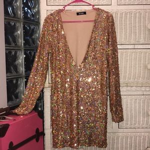 Misguided rose gold deep v sequin dress.
